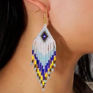 New Handcrafted Aztec Western Boho Beaded Blue and White Dangle Earrings-(#0113)